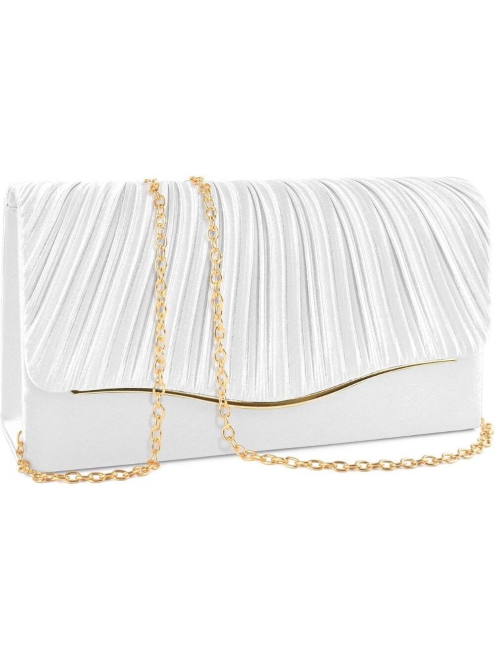 Womens White Velvet Pleated Flap Gold Accent Envelope Chain Evening Bag Clutch